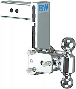 B & W Trailer Hitches Class v 2 1/2in receiver chrome tow & stow 8in model 7in drop 7.5in rise 2 & 2 5/16in balls