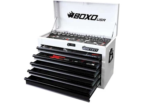 Boxo Tools 26IN 5-DRAWER PORTABLE STEEL TOOL BOX W/ 103 PC METRIC TOOL SET, WHITE