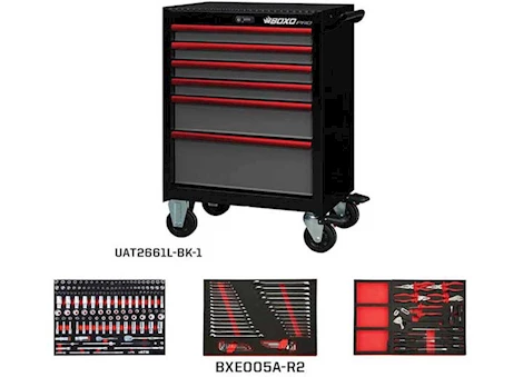 Boxo Tools Pro series, 26in 6-drawer bottom roll cabinet w/217pc tool set, gloss black, red trim Main Image