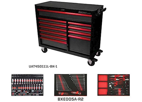 Boxo Tools Pro series, 45in 11-drawer bottom roll cabinet w/217pc tool set, black, red trim Main Image