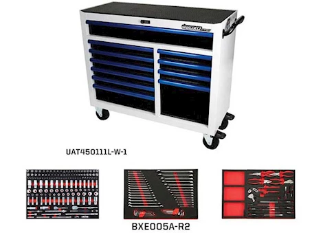 Boxo Tools Pro series, 45in 11-drawer bottom roll cabinet w/217pc tool set, white, blue trim Main Image