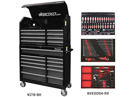 Boxo Tools TECH SERIES, 41IN LOADED TOP AND BOTTOM COMBO TOOL BOX W/217PC TOOL SET, GLOSS BLACK