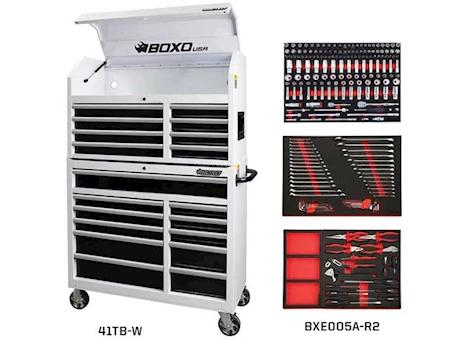 Boxo Tools Tech series, 41in loaded top and bottom combo tool box w/217pc tool set, gloss white Main Image
