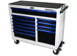 Boxo Tools Pro series, 45in 11-drawer bottom roll cabinet w/217pc tool set, white, blue trim