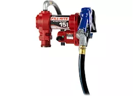 Fill-Rite 15 gpm, 12v dc pump,  3/4in x 15ft arctic hose, automatic arctic nozzle (leaded spout & blue cover)