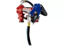 Fill-Rite 15 gpm, 12v dc pump,  3/4in x 15ft arctic hose, automatic arctic nozzle (leaded spout & blue cover)