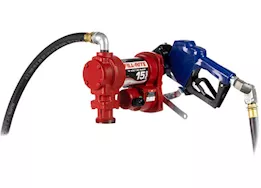 Fill-Rite 15 gpm, 12v dc pump,  3/4in x 15ft arctic hose, automatic arctic nozzle (leaded spout & blue cover)