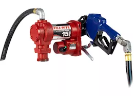 Fill-Rite 15 gpm, 12v dc pump,  3/4in x 15ft arctic hose, automatic arctic nozzle (leaded spout & blue cover)