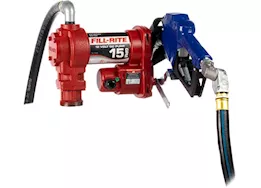 Fill-Rite 15 gpm, 12v dc pump,  3/4in x 15ft arctic hose, automatic arctic nozzle (leaded spout & blue cover)