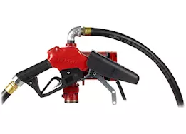 Fill-Rite 25 gpm, 12-24v dc ultra high flow pump, 1in x 18ft hose, ultra high flow automatic nozzle.