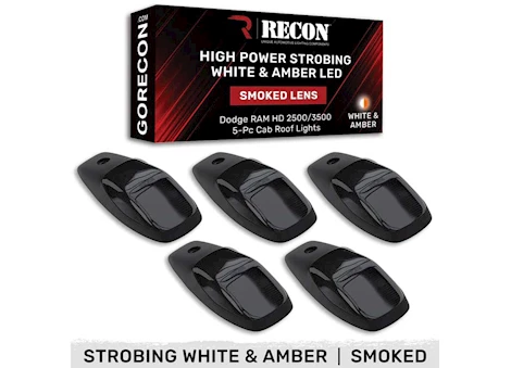 Recon Truck Accessories 19-C RAM 2500/3500(5PC SET)SMOKED CAB ROOF KIT W/WHITE & AMBER STROBE & RUNNING