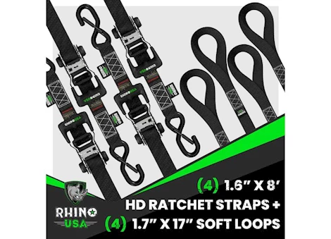 Rhino USA 1.6IN X 8FT HD RATCHET TIE-DOWN SET (4 PACK)