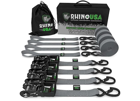 Rhino USA 1.6IN X 8FT HD RATCHET TIE-DOWN SET (4 PACK) GRAY