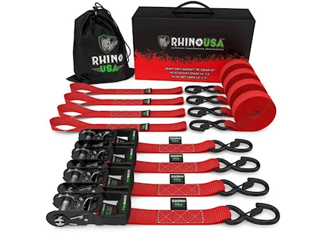 Rhino USA 1.6in x 8ft hd ratchet tie-down set (4 pack) red Main Image
