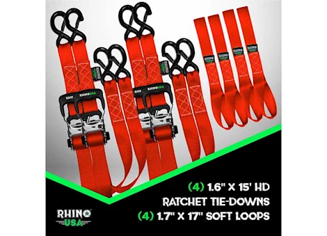 Rhino USA 1.6IN X 15FT HEAVY DUTY RATCHET TIE-DOWN (4-PACK) RED