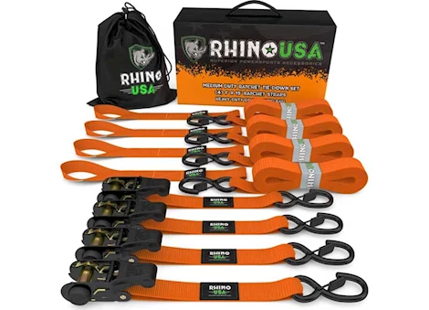 Rhino USA Medium duty ratchet strap tie-down 1in x 15ft (4-pack) orange Main Image