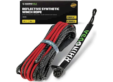 Rhino USA Reflective synthetic winch rope 1/4in x 50ft - black Main Image