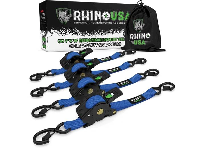 Rhino USA RETRACTABLE RATCHET STRAPS 1IN X 10FT (4-PACK) BLUE