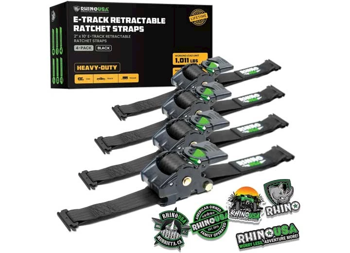 Rhino USA RETRACTABLE E-TRACK RATCHET STRAPS 2IN X 10FT (4-PACK) BLACK