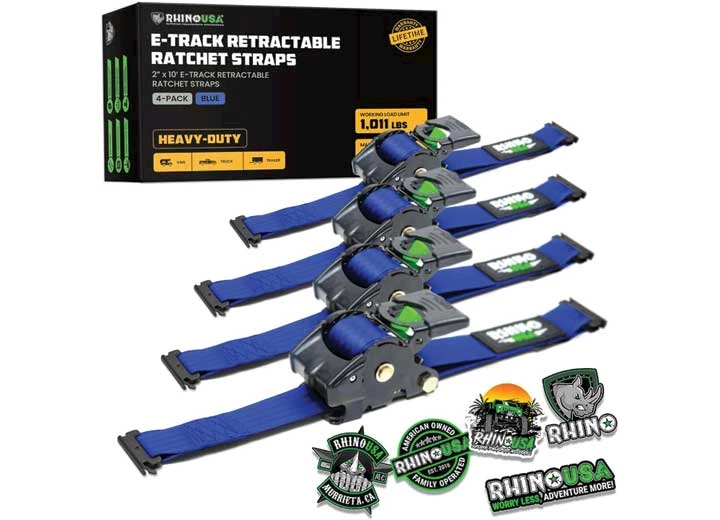 Rhino USA RETRACTABLE E-TRACK RATCHET STRAPS 2IN X 10FT (4-PACK) BLUE