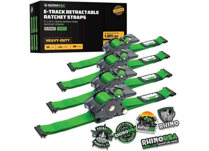 Rhino USA RETRACTABLE E-TRACK RATCHET STRAPS 2IN X 10FT (4-PACK) GREEN