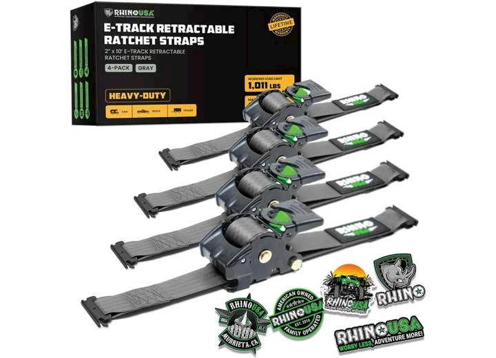 Rhino USA RETRACTABLE E-TRACK RATCHET STRAPS 2IN X 10FT (4-PACK) GRAY