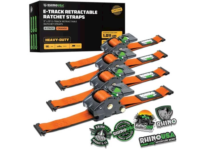 Rhino USA RETRACTABLE E-TRACK RATCHET STRAPS 2IN X 10FT (4-PACK) ORANGE