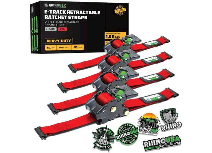 Rhino USA RETRACTABLE E-TRACK RATCHET STRAPS 2IN X 10FT (4-PACK) RED