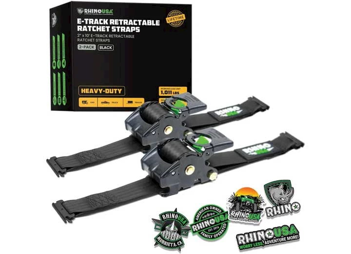 Rhino USA RETRACTABLE E-TRACK RATCHET STRAPS 2IN X 10FT (2-PACK) BLACK