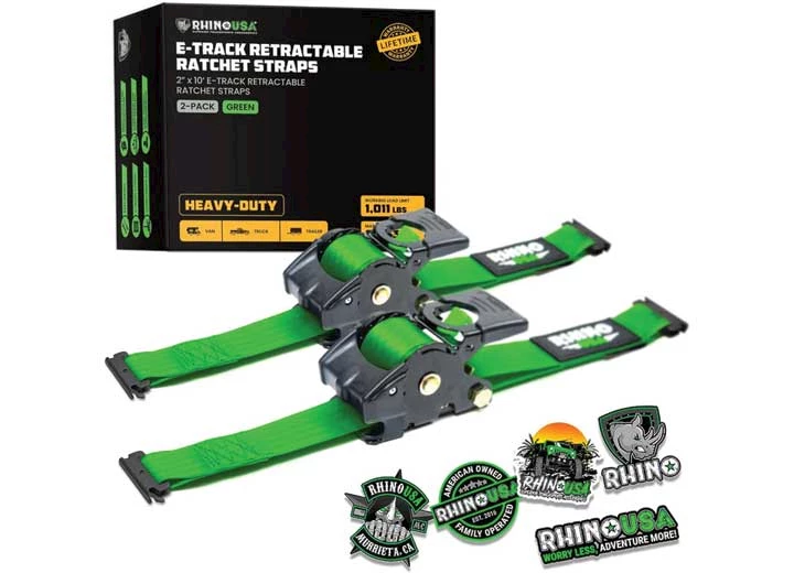 Rhino USA RETRACTABLE E-TRACK RATCHET STRAPS 2IN X 10FT (2-PACK) GREEN