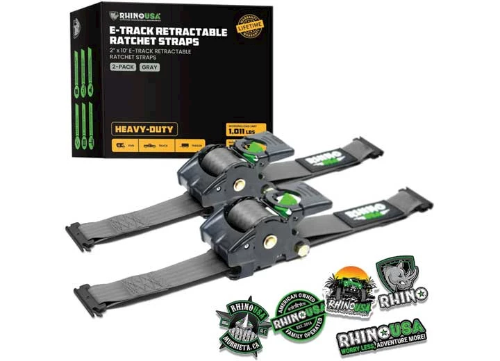 Rhino USA RETRACTABLE E-TRACK RATCHET STRAPS 2IN X 10FT (2-PACK) GRAY