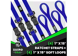 Rhino USA Medium duty ratchet strap tie-down 1in x 15ft (4-pack) blue