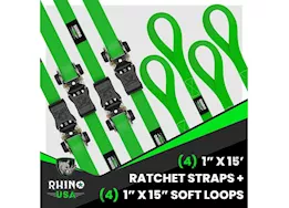 Rhino USA Medium duty ratchet strap tie-down 1in x 15ft (4-pack) green