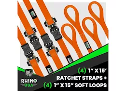 Rhino USA Medium duty ratchet strap tie-down 1in x 15ft (4-pack) orange