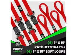 Rhino USA Medium duty ratchet strap tie-down 1in x 15ft (4-pack) red