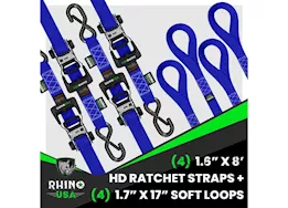 Rhino USA 1.6in x 8ft heavy duty ratchet tie-down (4-pack) blue