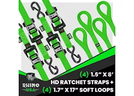 Rhino USA 1.6in x 8ft heavy duty ratchet tie-down (4-pack) green
