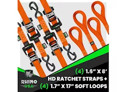 Rhino USA 1.6in x 8ft heavy duty ratchet tie-down (4-pack) orange