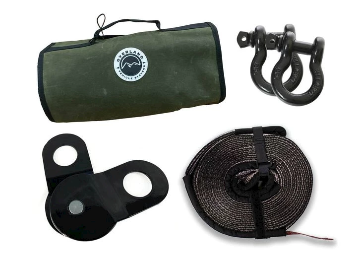 Overland Vehicle Systems Recovery wrap kit including 20in tow strap, pair of black d-rings, snatch block Main Image