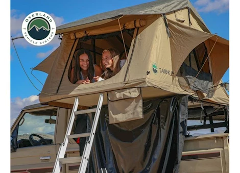 Overland Vehicle Systems Tmbk 3 person roof top tent-tan base w/ green rain fly, black alumimum base, black ladder Main Image